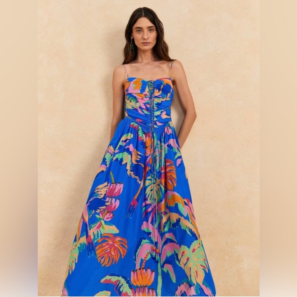 NWOT Farm Rio | Painted Jungle Midi Sun Dress | Blue - Picture 3 of 7